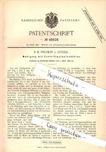 Original Patent -E.H. Fischlin in Lötzen / Gizycko ,1888, Centrifugal - Aufschütter , Mühle , Windmühle , Ostpreußen  !!