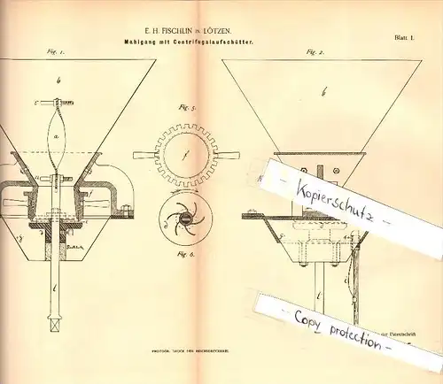 Original Patent -E.H. Fischlin in Lötzen / Gizycko ,1888, Centrifugal - Aufschütter , Mühle , Windmühle , Ostpreußen  !!