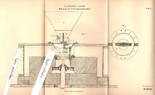 Original Patent -E.H. Fischlin in Lötzen / Gizycko ,1888, Centrifugal - Aufschütter , Mühle , Windmühle , Ostpreußen  !!