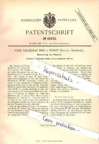 Original Patent - Carl Valdemar Birk in Borup Sogn , 1888 , Neuerung an Göpel , Gasmaschine , Dänemark !!!
