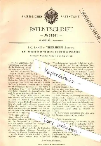 Original Patent - J.C. Rahn in Thiersheim , Bayern , 1891 , Apparat für Brückenwaage , Waage !!!