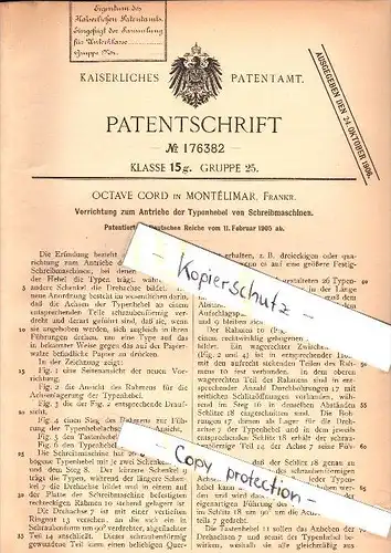 Original Patent - Octave Cord à Montélimar , 1905 , Entraînement pour machine à écrire !!!