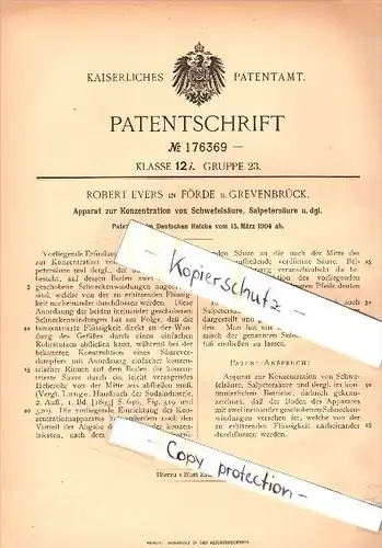 Original Patent - Robert Evers in Förde b. Grevenbrück / Lennestadt , 1904 , Apparat für Schwefelsäure , Chemie , Labor