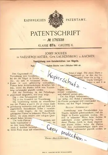 Original Patent - Josef Souren in Vaelserquartier , Laurensberg b. Aachen ,1905 , Apparat für Nägel , Vaalserquartier !