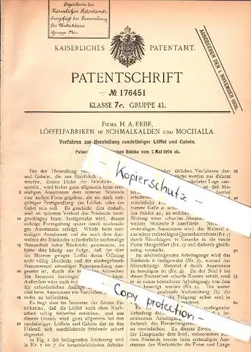Original Patent -H.A. Erbe , Löffelfabrik in Schmalkalden und Mochalla , 1904 , Löffel - und Gabelherstellung , Besteck