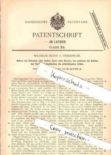 Original Patent - Wilhelm Heine in Oebisfelde b. Börde , 1902 , Bohrer für Kalisalze , Kali , Bergbau , Weferlingen !!!