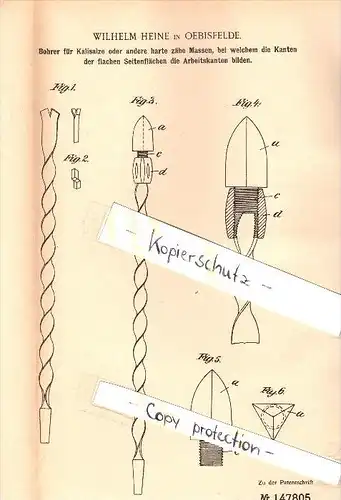 Original Patent - Wilhelm Heine in Oebisfelde b. Börde , 1902 , Bohrer für Kalisalze , Kali , Bergbau , Weferlingen !!!