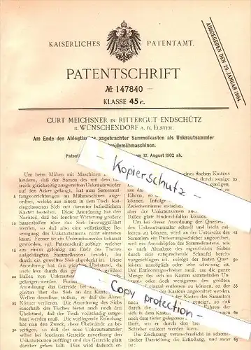 Original Patent - C. Meichsner in Rittergut Endschütz b. Wünschendorf a.d. Elster , 1902 , Sammler für Getreidemaschine