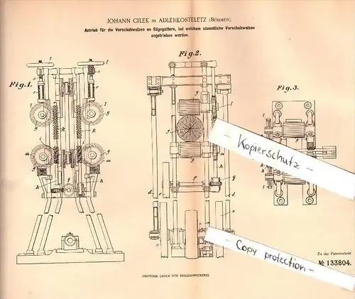 Original Patent - Johann Cilek in Adlerkosteletz / Kostelec nad Orlicí , 1900 , Antrieb für Sägegatter , Sägewerk !!!