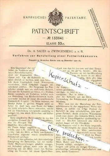 Original Patent - Dr. A. Sauer in Zwingenberg a.d. Bergstraße , 1900 , Fettmilch - Konserve , Milch , Molkerei !!!