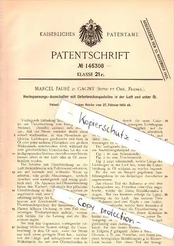 Original Patent -  Marcel Faure à Gagny , Seine et Oise , 1903 , Disjoncteur à haute tension , électrique !!!