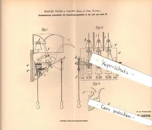 Original Patent -  Marcel Faure à Gagny , Seine et Oise , 1903 , Disjoncteur à haute tension , électrique !!!