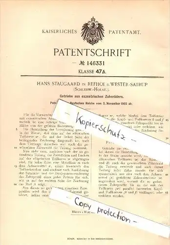 Original Patent - Hans Staugaard in Refhoi b. Wester - Satrup , 1902 , Mittelangeln in Schleswig-Holstein , Getriebe !!!