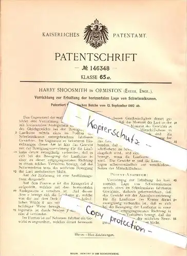 Original Patent - Harry Shoosmith in Ormiston , Erith , 1902 , Apparatus for floating crane !!!