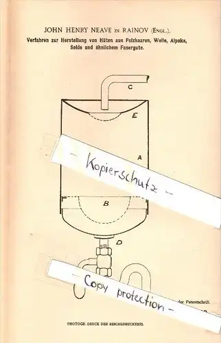 Original Patent -J.H. Neave in Rainov , England,1902, Manufacture of hats made &#8203;&#8203;of fur , wool , alpaca , si