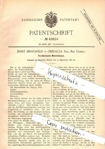 Original Patent - Ernst Hirschfeld in Oberaula , 1887 , Kluppe für Forst , Wald , Jagd , Bäume , Reg.Bez. Cassel  !!