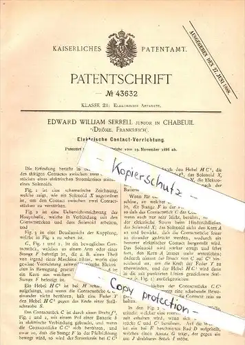 Original Patent - E.W. Serrell à Chabeuil , Drome , 1886 , Dispositif de contact électrique , solénoïde !!