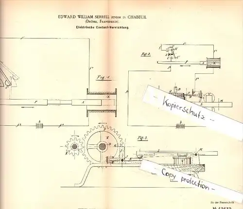 Original Patent - E.W. Serrell à Chabeuil , Drome , 1886 , Dispositif de contact électrique , solénoïde !!