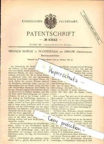 Original Patent - Heirich Nowak in Franzensthal b. Zbirow / Zbiroh , 1887 , Reblaus - Mittel , Landwirtschaft , Agrar !!