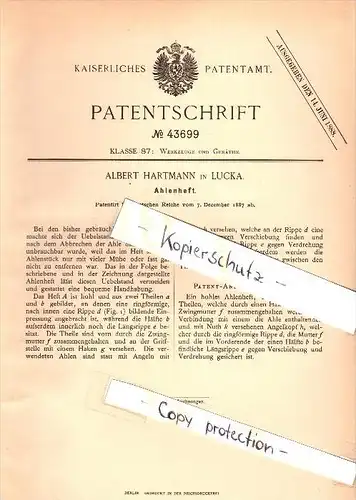 Original Patent - Albert Hartmann in Lucka i. Thüringen , 1887 , Ahlenheft , Ahle , Werkzeug !!!