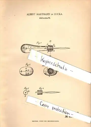 Original Patent - Albert Hartmann in Lucka i. Thüringen , 1887 , Ahlenheft , Ahle , Werkzeug !!!