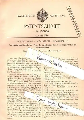 Original Patent - Hubert Burg à Mollkirch dans Rosheim i.E., 1900 , Dispositif pour machine à écrire , Molsheim !!!