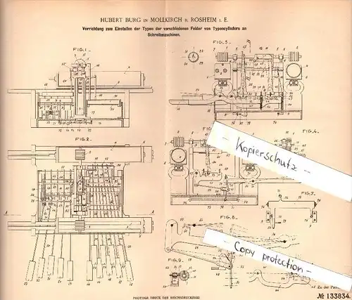 Original Patent - Hubert Burg à Mollkirch dans Rosheim i.E., 1900 , Dispositif pour machine à écrire , Molsheim !!!