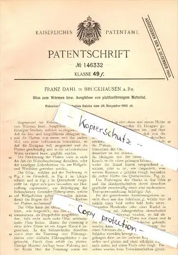 Original Patent - Franz Dahl in Bruckhausen a.Rh.,1902 , Ofen für plattenförmiges Material , Heizung !!!  !!!