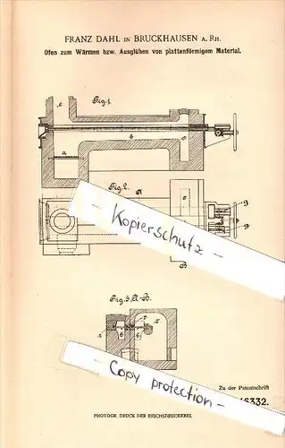 Original Patent - Franz Dahl in Bruckhausen a.Rh.,1902 , Ofen für plattenförmiges Material , Heizung !!!  !!!