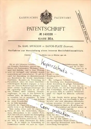 Original Patent - Dr. Karl Spengler in Davos-Platz , Schweiz , 1901 , inneres Desinfektionsmittel , Desinfektion , Arzt