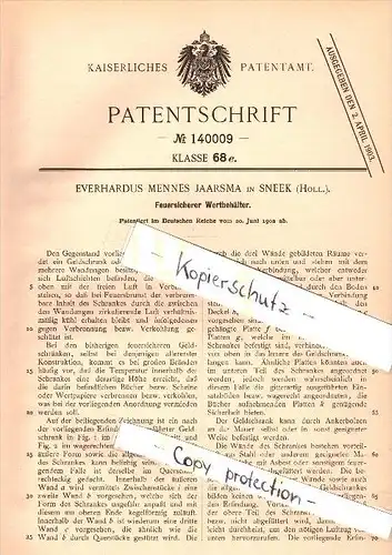 Original Patent -  E.M. Jaarsma in Sneek , Friesland , 1902 , feuersicherer Tresor , Safe , Geldschrank , Holland !!!