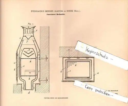 Original Patent -  E.M. Jaarsma in Sneek , Friesland , 1902 , feuersicherer Tresor , Safe , Geldschrank , Holland !!!