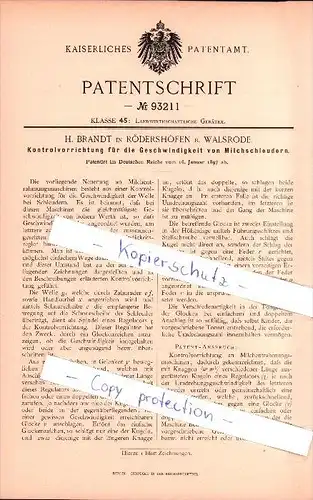 Original Patent -H. Brandt in Rödershöfen b. Walsrode ,1897, Kontrolapparat für Milchschleudern , Milch , Landwirtschaft