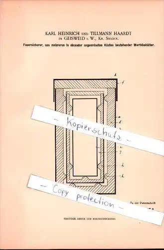 Original Patent - Karl Heinrich und Tillmann Haardt in Geisweid , 1901 , Feuersicherer Behälter , Safe , Tresor , Siegen