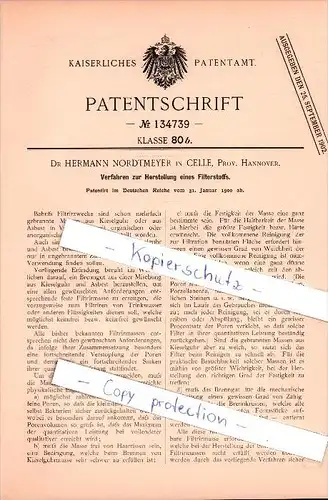 Original Patent - Dr. Hermann Nordtmeyer in Celle , Prov. Hannover , 1900 , Herstellung eines Filters !!!
