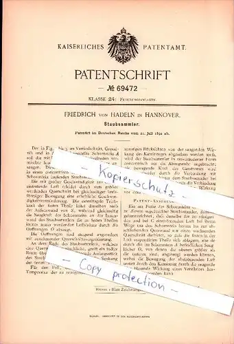 Original Patent - Friedrich von Hadeln in Hannover , 1892 , Staubsammler , Heizung , Heizungsbau !!!