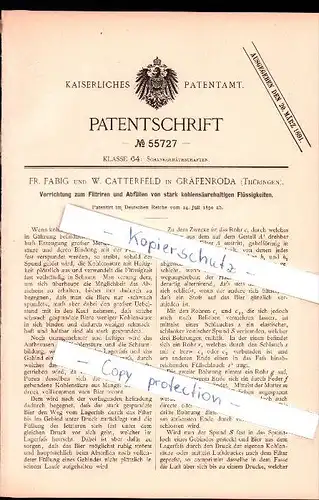 Original Patent - F. Fabig und  W. Catterfeld in Gräfenroda , 1890 , Apparat für Flüssigeit , Brauerei , Kneipe !!!