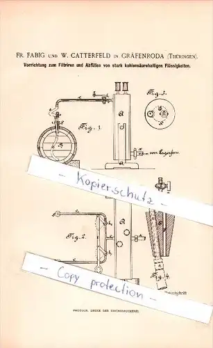 Original Patent - F. Fabig und  W. Catterfeld in Gräfenroda , 1890 , Apparat für Flüssigeit , Brauerei , Kneipe !!!