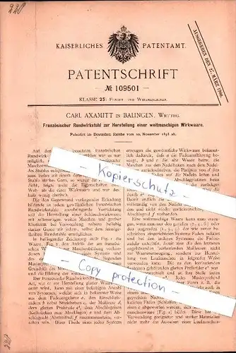 Original Patent - Carl Axamitt in Balingen , 1898 , Französischer Rundwirkstuhl , Weberei , Flechterei !!!