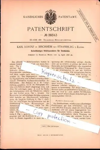 Original Patent - Karl Lorenz dans Bischheim , 1886 , Pinces pour tour , Machine Shop , Strassburg i. Elsass !!!