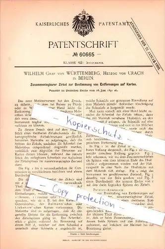 Original Patent - Wilhelm Graf von Württemberg und Herzog von Urach in Berlin , 1891 , Zirkel zur Entfernungsbestimmung