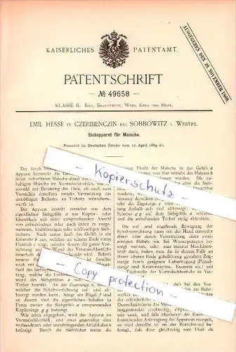 Original Patent - E. Hesse in Czerbienczin b. Sobbowitz i. Westpr. ,1889, Sieb für Bier , Trabki Wielkie / Tramken !!!