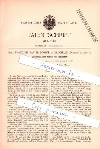 Original Patent - F. Favier Söhne dans Gromelle , Départ. Vaucluse , 1889 ,Appareil pour le broyage de pâte à papier !!!