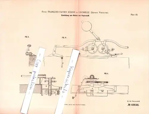 Original Patent - F. Favier Söhne dans Gromelle , Départ. Vaucluse , 1889 ,Appareil pour le broyage de pâte à papier !!!