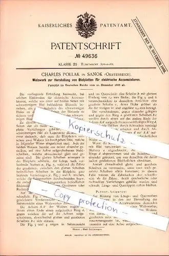 Original Patent - Charles Pollak in Sanok , 1888 , Walzwerk für Akkumulatoren , Batterie , Österreich - Polen !!!