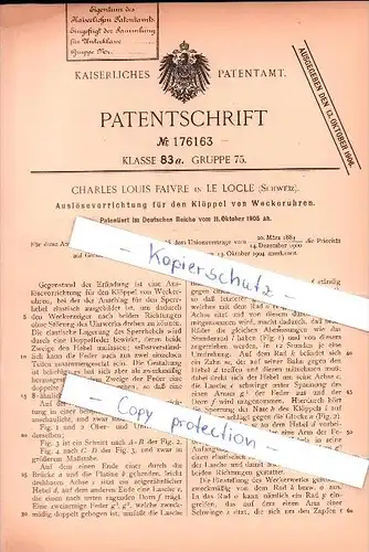 Original Patent - Charles Louis Faivre in Le Locle , 1905 , Vorrichtung für Weckeruhr , Uhr , Uhrmacher !!!