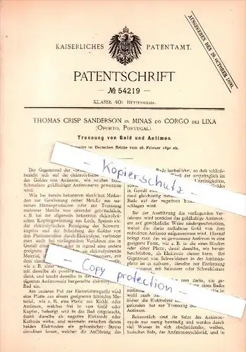 Original Patent - Th. Sanderson em Minas do Corgo b. Lixa , 1890 , Separação de ouro e antimonio , Porto !!!