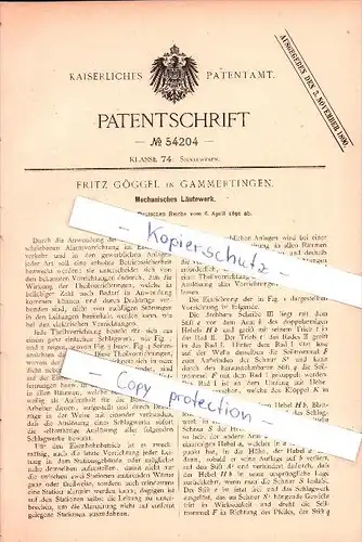 Original Patent -  Fritz Göggel in Gammertingen , 1890 , mechanisches Läutewerk , Alarm , Eisenbahn , Sigmaringen !!!