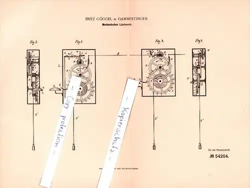 Original Patent -  Fritz Göggel in Gammertingen , 1890 , mechanisches Läutewerk , Alarm , Eisenbahn , Sigmaringen !!!