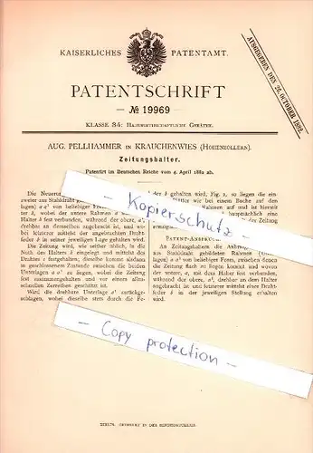 Original Patent - A. Pellhammer in Krauchenwies , Hohenzollern , 1882 , Halter für Zeitung , Sigmaringen !!!